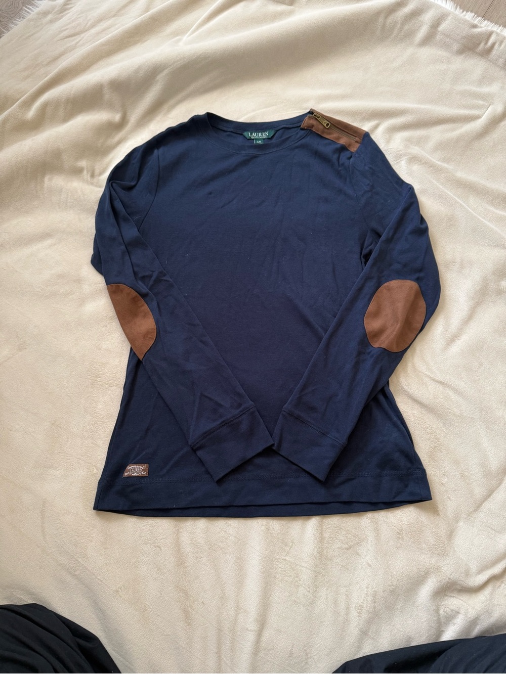 Ralph Lauren Navy Long-Sleeve Crew with Brown Elbow Patches